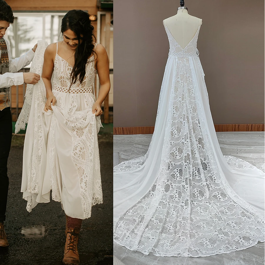 

Long Train Spaghetti Straps Chiffon Wedding Dress Big Sizes Custom Made Boho Criss-Cross Beach Elopement Lace Bridal Gowns