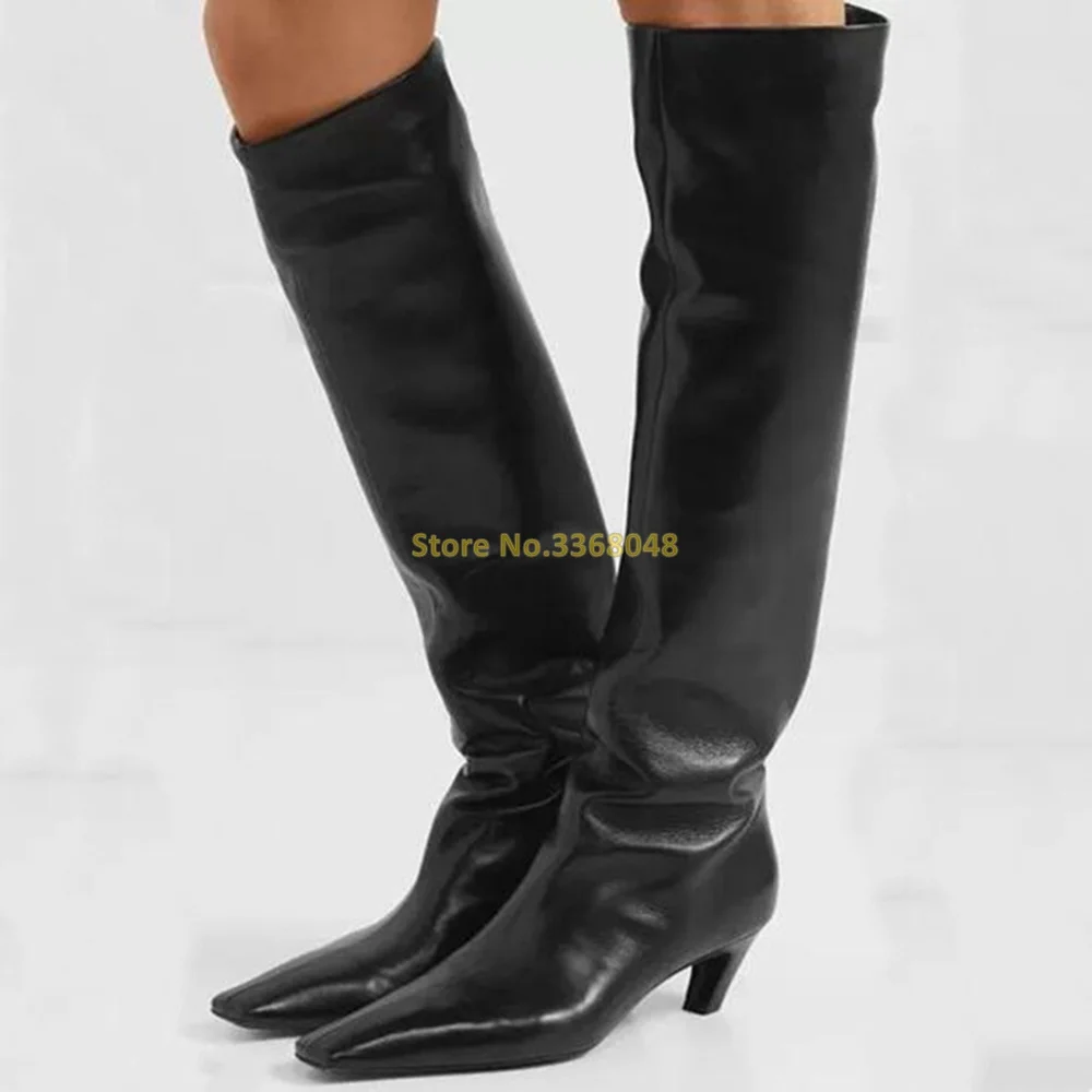 Kitten Heel Black Leather Boots Knee High Winter Women Medium Heel Pointed Toe Winter Boots Brown Black Autumn Shoes