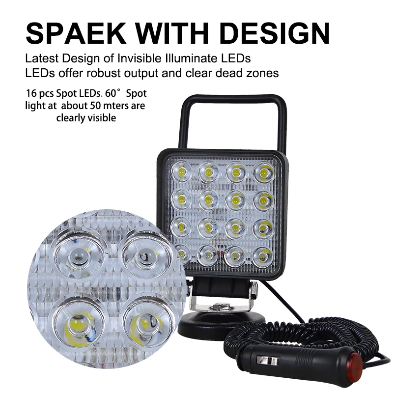 Auxtings 4.1in Portable Square 48W Flood Spot Magnetic Base Led Work Light Car Truck Driving Offroad 4WD 4x4 SUV ATV 12V 24V
