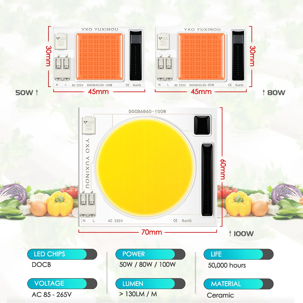 1 Buah Chip Tanaman LED COB DC 220V 50W 80W 100W LED COB Spektrum Penuh 370nm-840nm untuk Tanaman Dalam Ruangan dan Bibit Bunga