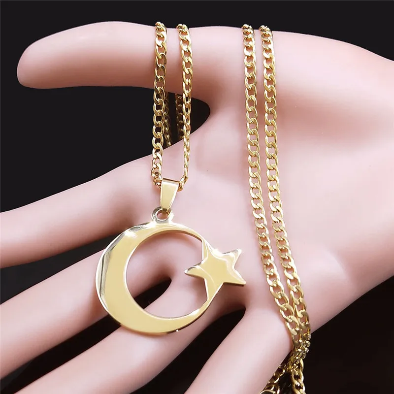 2023 Muslim Islam Moon Star Stainless Steel Chain Necklaces for Women Gold Color Necklace Jewelry collares de mujer N4811S05