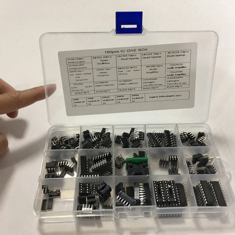 HFES IC Chip Assortment 150Pcs,Opamp,Oscillator,Pwm,PC817,NE555,LM358,LM324, JRC4558,LM393,LM339,NE5532 Incl. Sockets