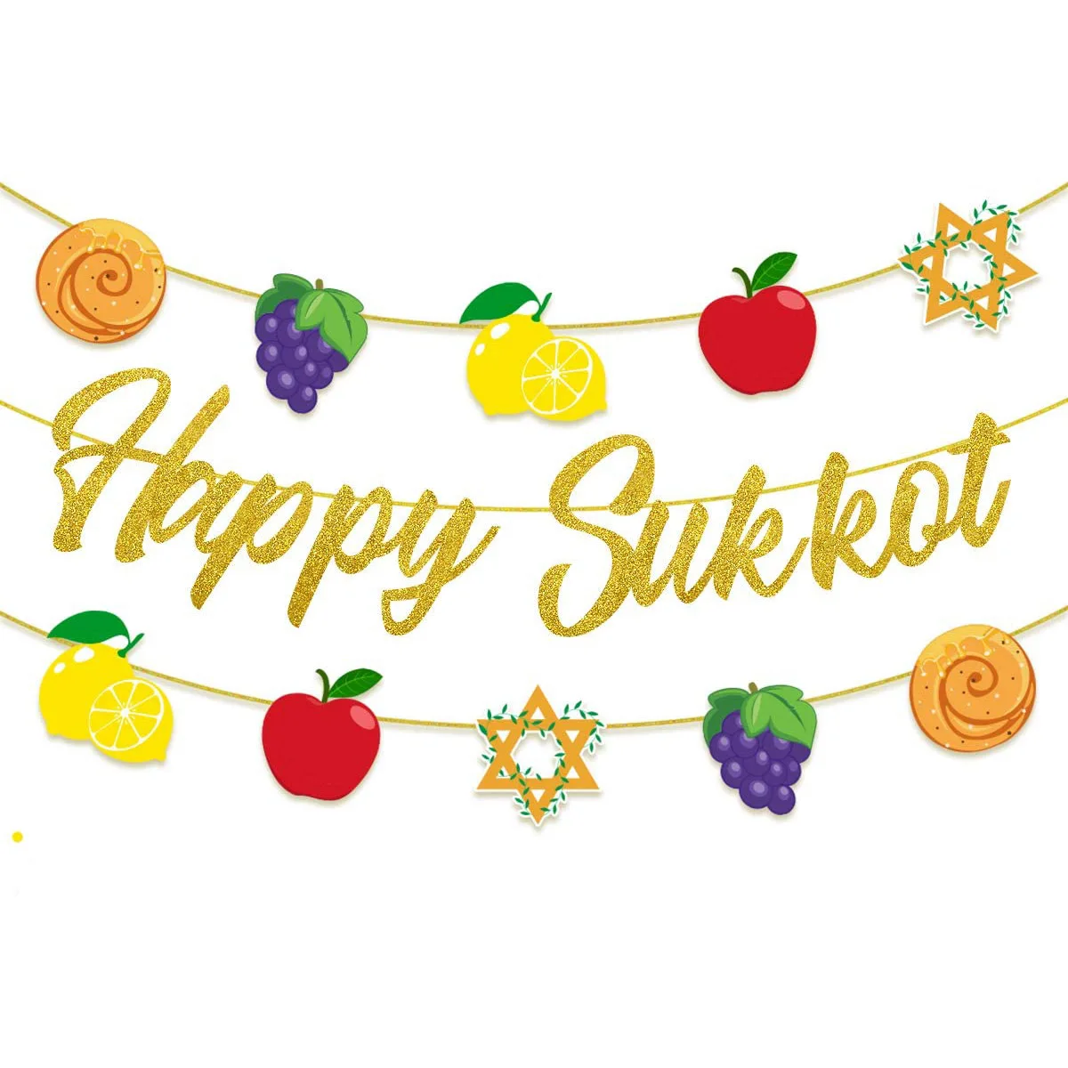 Happy Sukkot flags, holiday party supplies, fruit wreaths for celebration decorations