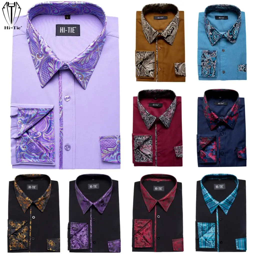

Hi-Tie мужские рубашки с длинным рукавом, приталенная сшитая Лоскутная рубашка с принтом для мужчин, джинсовое платье, ковбойская Свадебная вечеринка, деловая одежда для отдыха