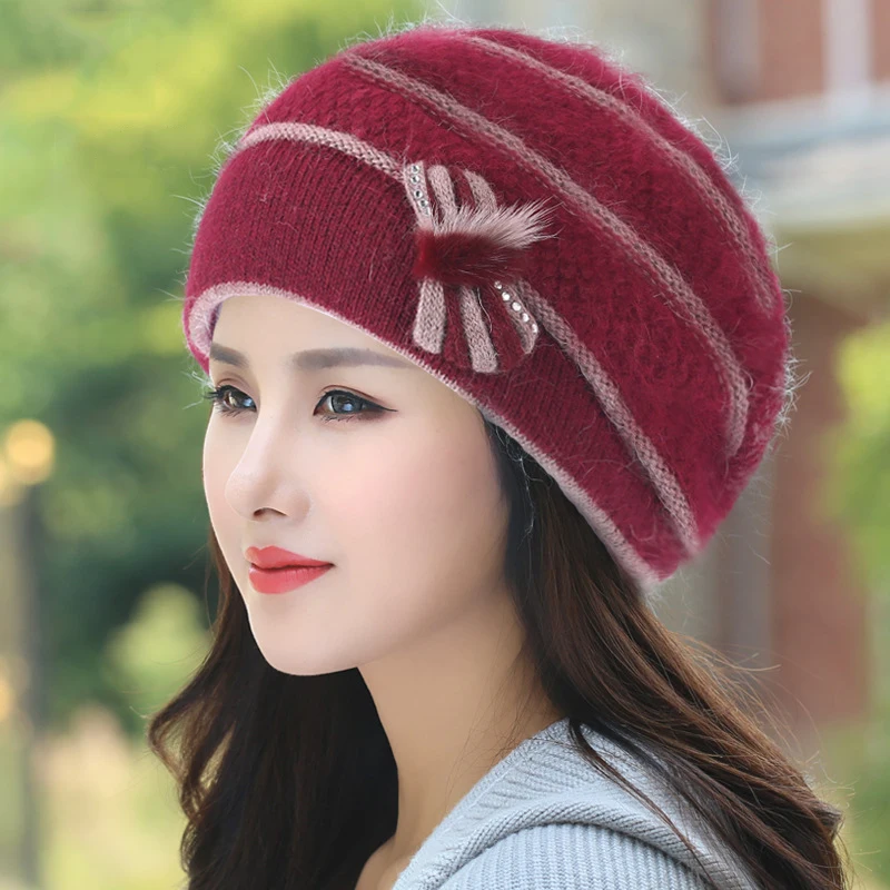 Angora Beret Women Winter Hat Knit Beanie Autumn Warm Flower Rhinestone Thick Double Layers Skiing Outdoor Accessory For Lady