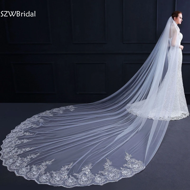 Fashion Kant Applicaties Wit Ivoor Kathedraal Bruiloft Sluiers Lange Kant Bridal Veil Met Kam Bruiloft Accessoires Goedkope Veils