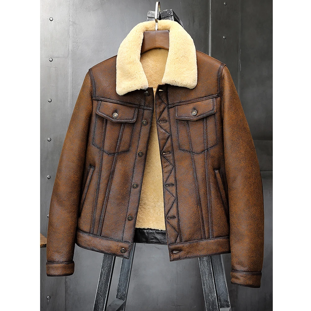 Mens Sheepskin Shearling Jacket B3 Flight Jacket Aviator Winter Coat Fur Bomber Leather Jacket Brown Denim Jacket