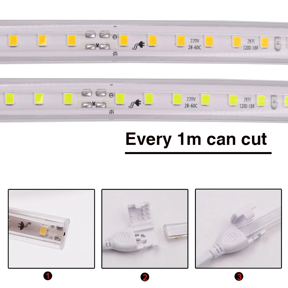 Tira de luces LED impermeable para decoración interior y exterior, 2835 V, LEDs 220/m, IP67, blanco frío/cálido/Azul, cinta Flexible, lámpara de luz