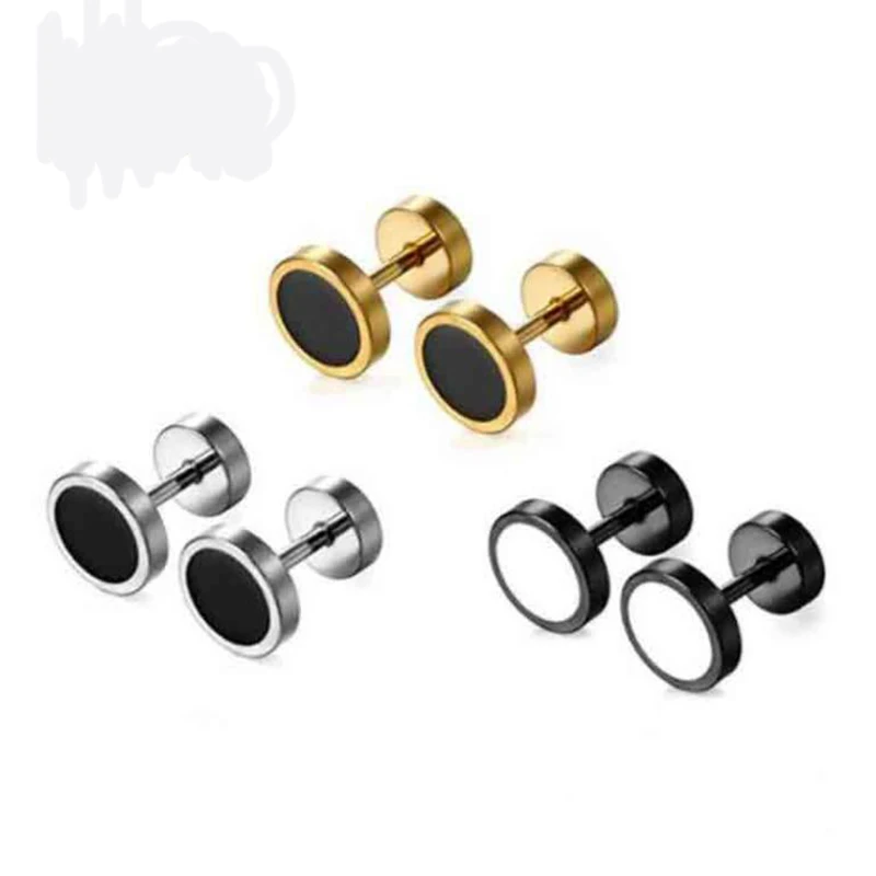 1 Pair 8mm Handmade Round Black Stud Earring Stainless Steel Bar Double Side Barbell Dumbbell Gothic Earring for Women Men