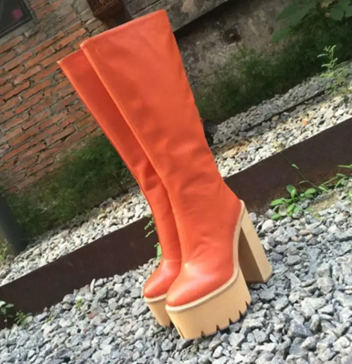 

Fashion Cow Leather High Platform Knee Boots Chunky High Heel Boots Female Orange Black Antiskid Thick Sole Punk Botas