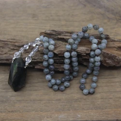 Natural Labradorite 8mm Round Beads Knotted Handmade Necklace Labradorite Double Point Pendants Yoga Mala Prayer Jewelry,QC0114