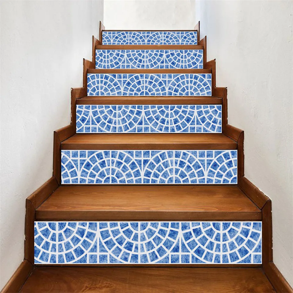 6pcs/set Mosaic Tile Style Stairs Decorative Stickers Corridor Staircase Mural Self Adhesive Decals For Home DIY Decor