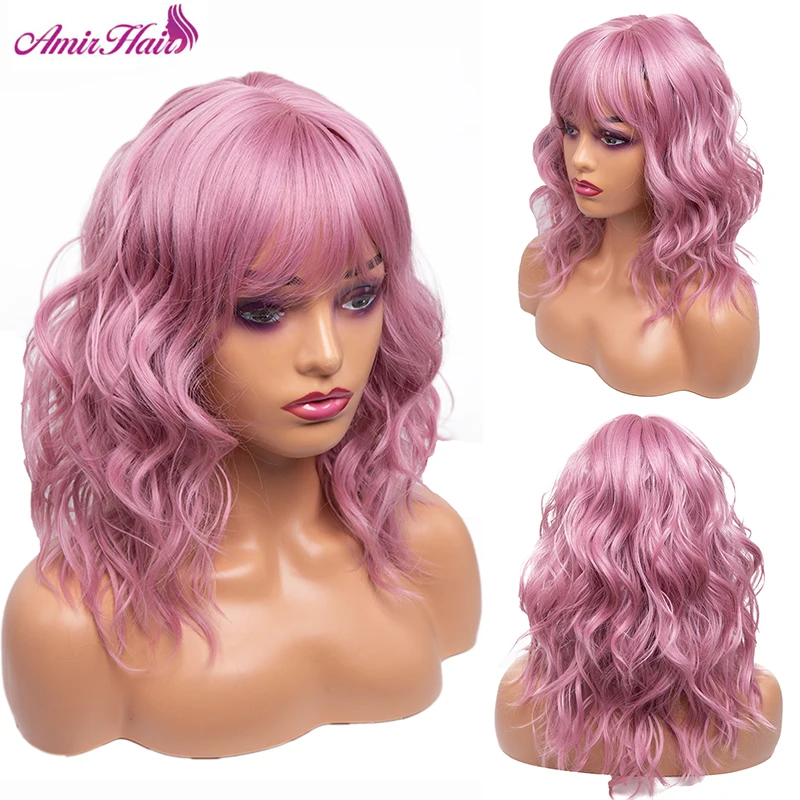 Synthetic Short Bob Wigs With Bangs for Women Pink Deep Curly Wave Wig Layered Heat Resistant Cosplay Party Blonde Fake Hair