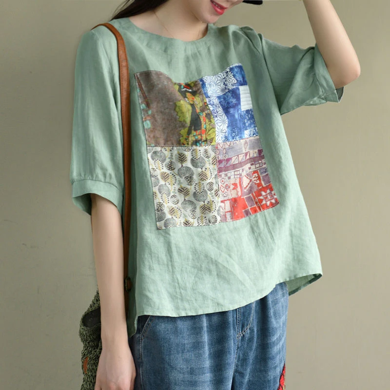 2022 Summer New Arts Style Women Short Sleeve Loose Back Bow Tee Shirt Femme Cotton Linen Tops Patchwork Print T-shirt M139