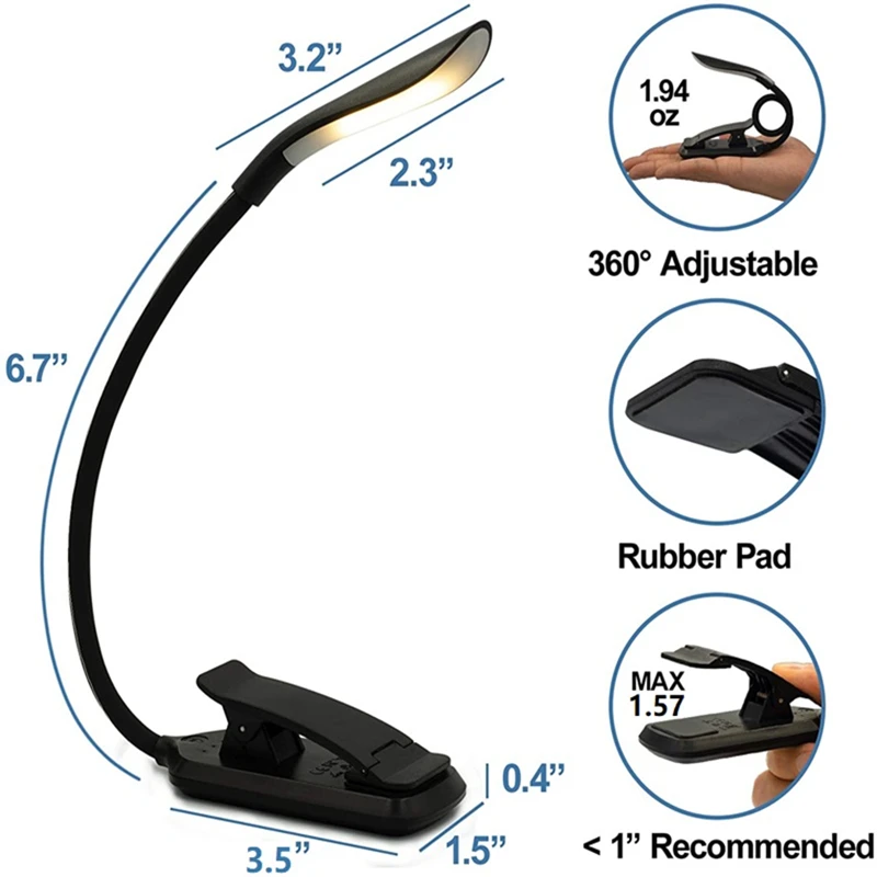 Mini luz de lectura LED portátil Flexible recargable por USB, lámpara de Clip de lectura ajustable, luz nocturna para dormitorio