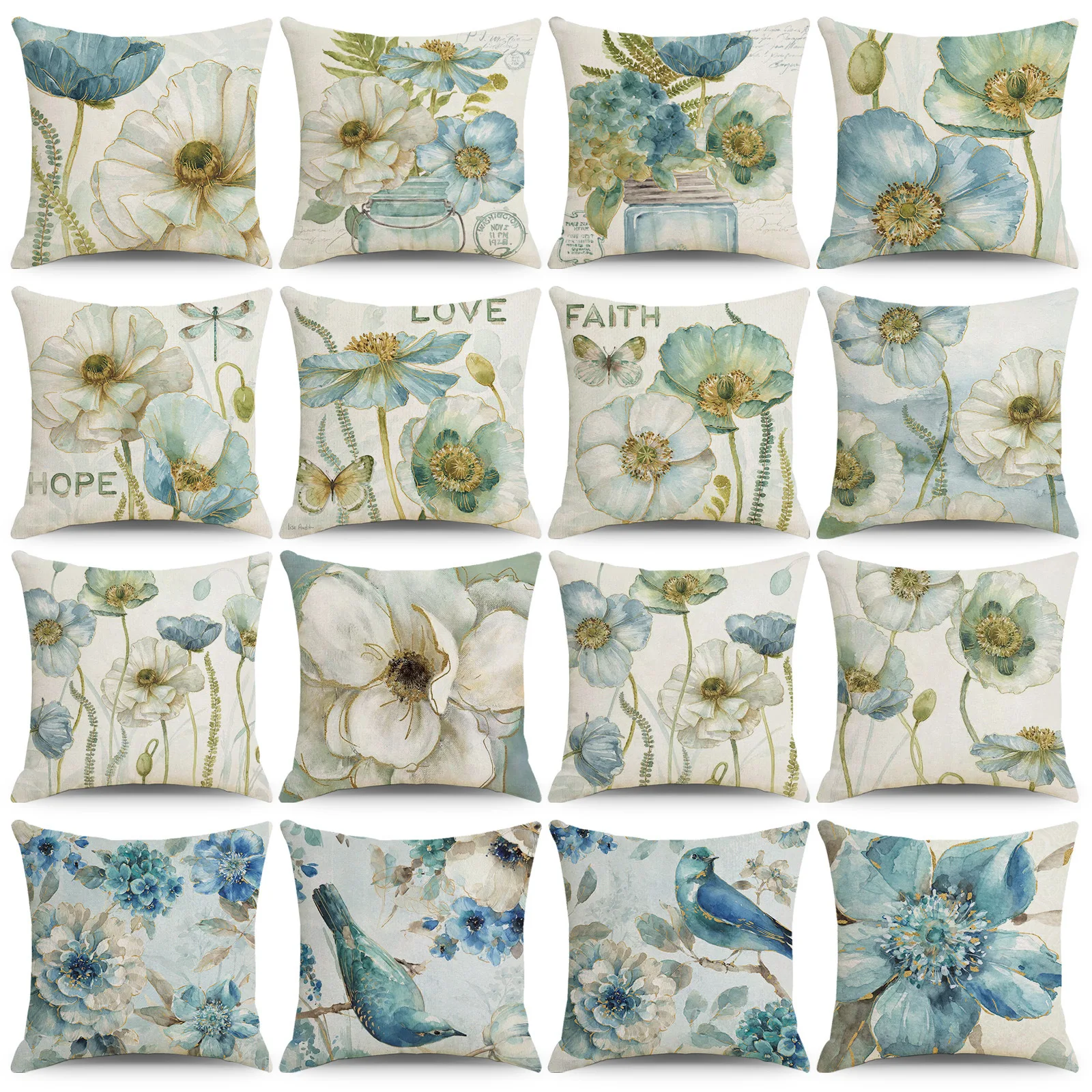 

Vintage Watercolor Painting Blue Floral Cushion Cover Linen Birds Roses Unikko Pillows Case Sofa Chairs Throw Pillows Home Decor