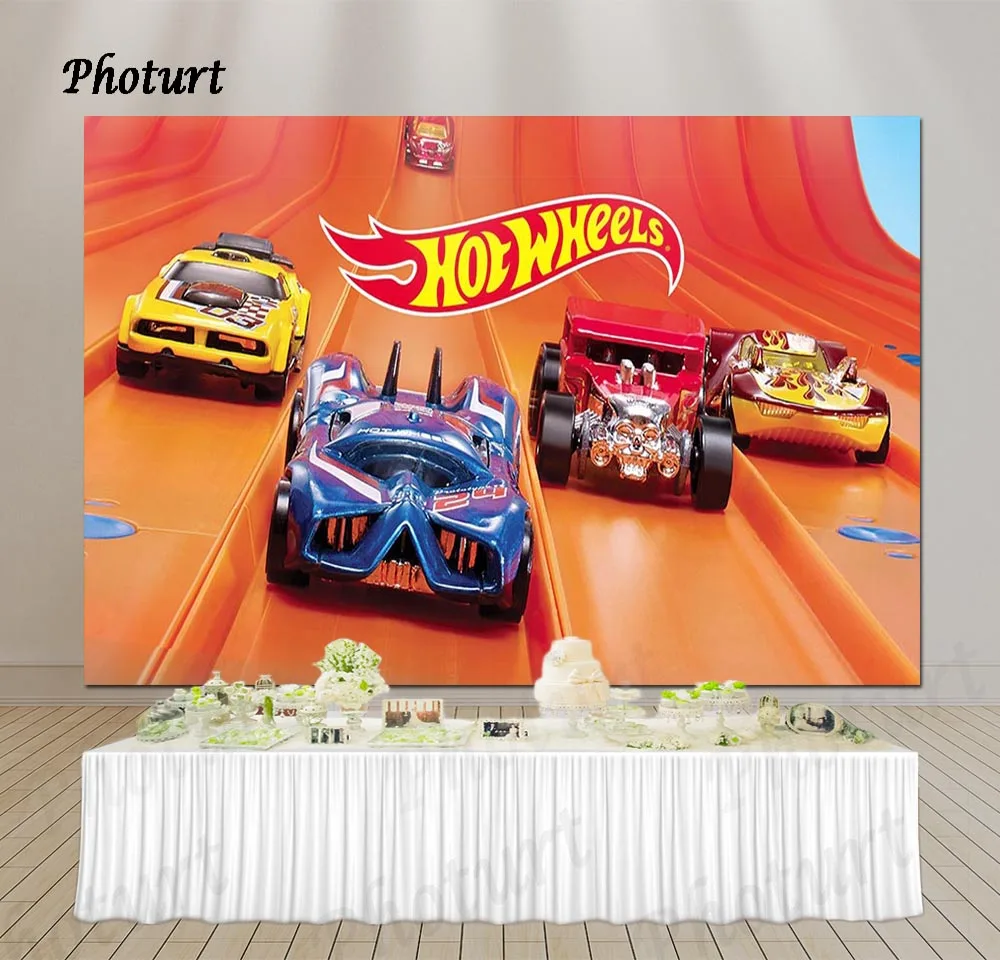 

PHOTURT Hot Wheel Backdrop Kids Birthday Photography Banner Golden Game Race Car Photo Background Polyester Vinyl Props