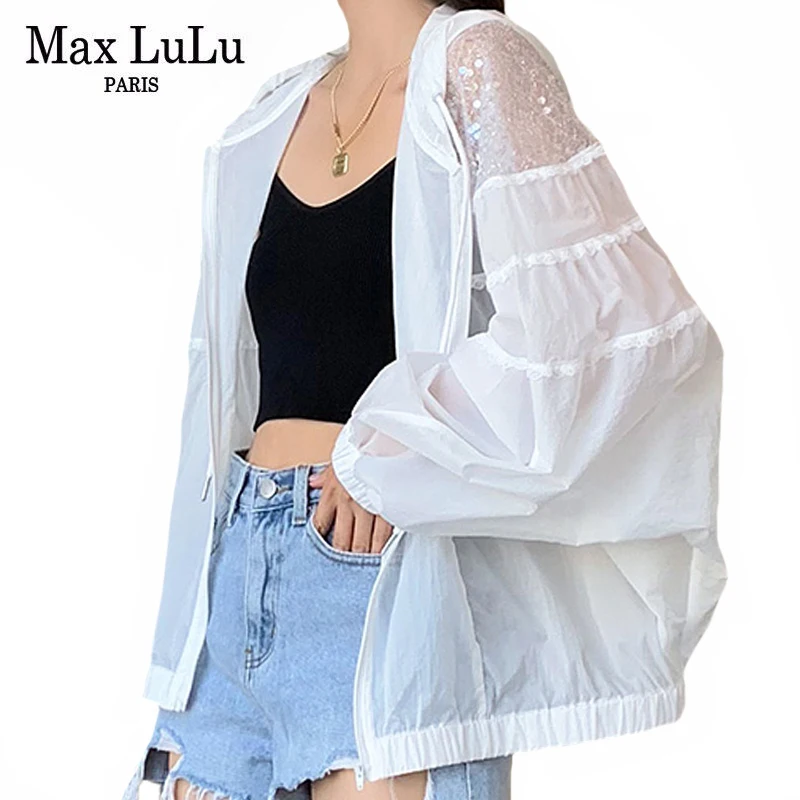 Max LuLu Summer 2021 British Fashion Sun Protective Clothing Ladies Sequins White Jackets Ladies Casual Hooded Oversized Coats