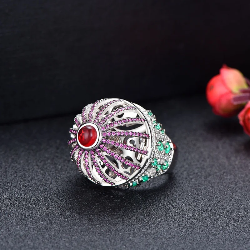 ANGELCZ Exclusive Party Jewelry Multicolor CZ with Red Stone Lucky Dancing Bird Vintage Big Open Finger Ring for Women Man AR070