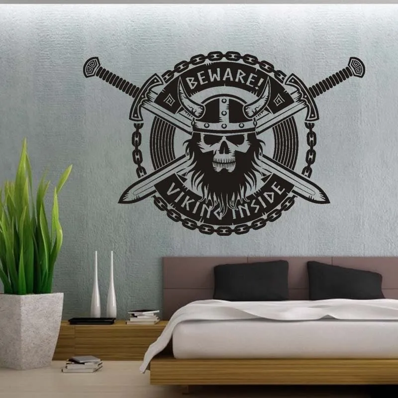 Beware Viking Inside Skull Barbarian Warrior Sword Wall Decal Wall Sticker, Vinyl Wall Art, Home Decor, Wall Mural