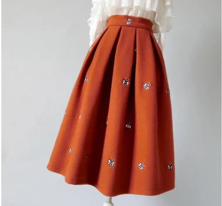 Autumn winter embroidered woolen skirt women high waist princess warm ball gown skirt