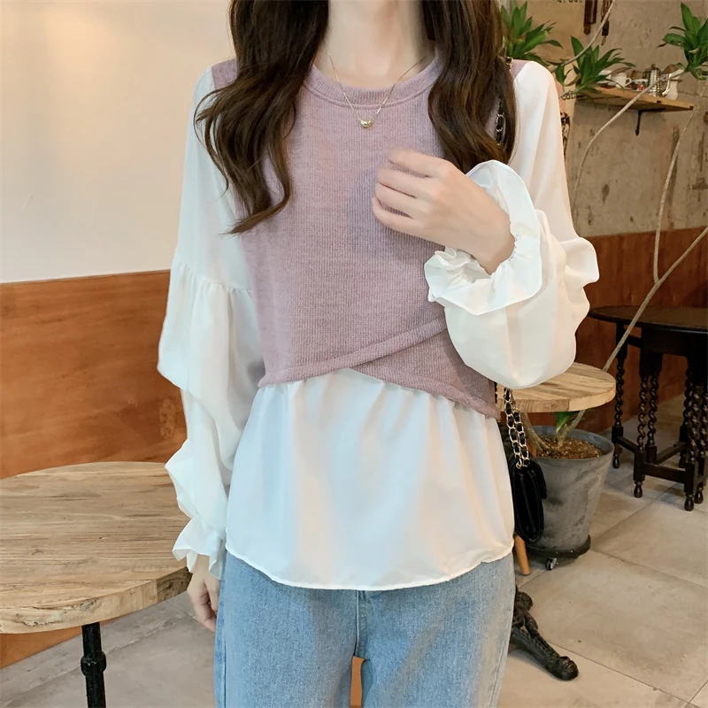 Vintage Korean Fake Two Piece Blouse Women Puff Sleeve Patchwork Blouses Tops Shirt Fashion Blusas Mujer