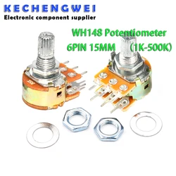 5pcs WH148 B1K B2K B5K B10K B20K B50K B100K B500K 6Pin Shaft Amplifier Dual Stereo Potentiometer 1K 2K 5K 10K 50K 100K 500K