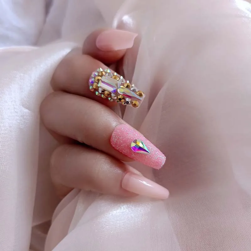 24pcs latest candy long ballet press on nails handmade crystal diamond fake nails sexy Nude