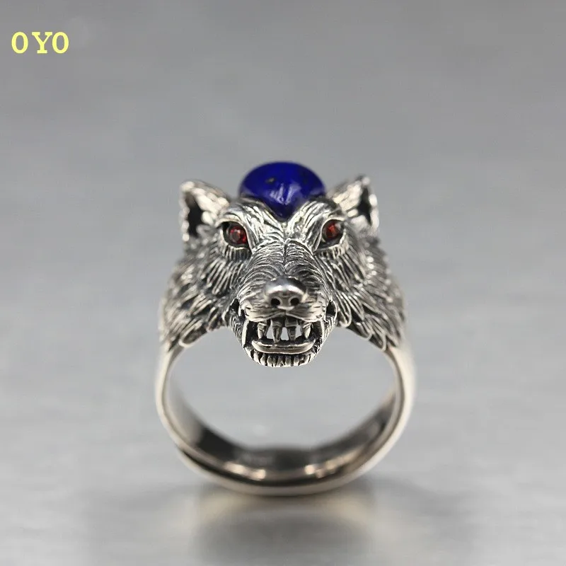 100%925 silver ring Thai silver lapis lazuli inlaid wolf head ring Old hand-carved silver ring