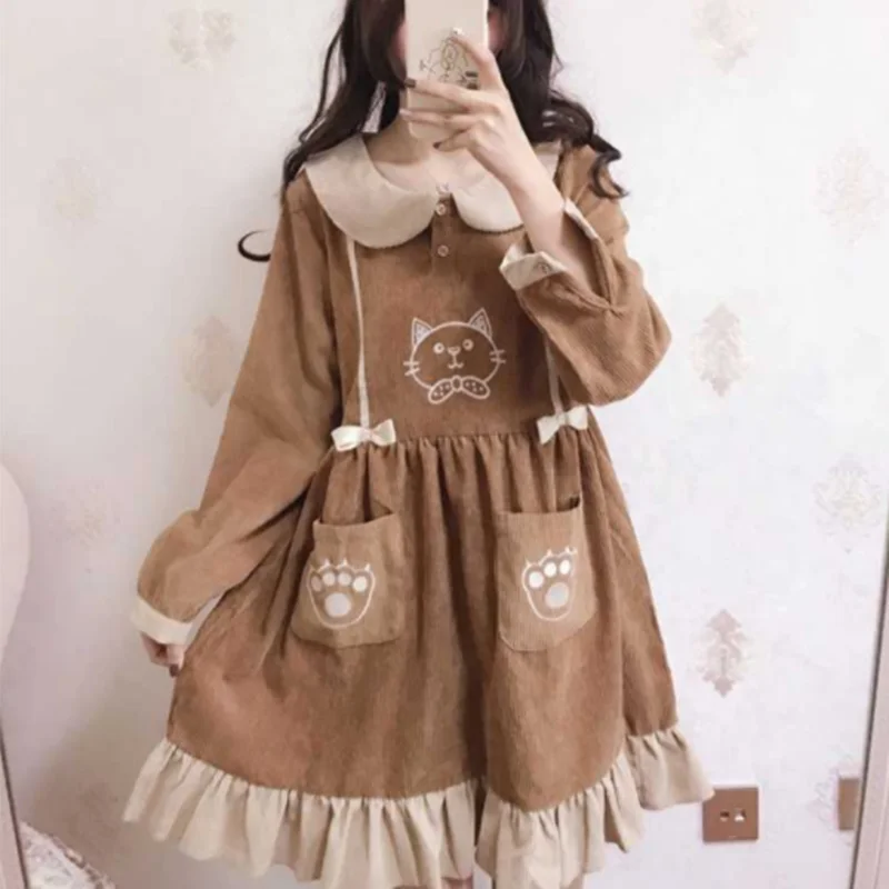 

Girly cute retro kitten loose long sleeve doll collar lace dress Sweet lolita dress vintage falbala bowknot cute printing high