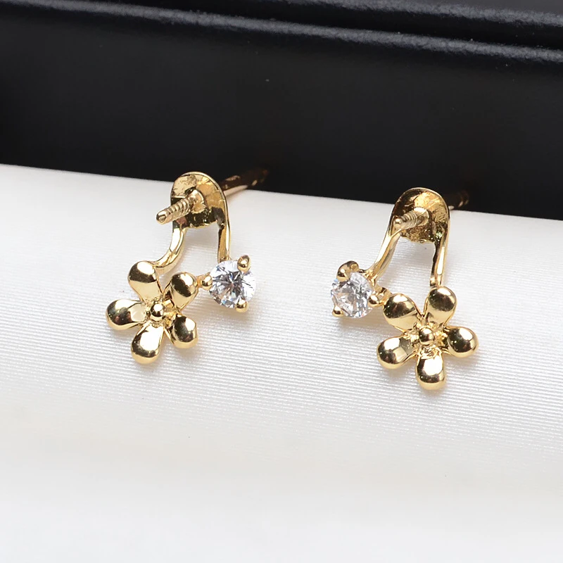 Nice Quality Flower 18K Yellow Gold Stud Earrings Mountings Settings Parts AU750 Jewelry Findings for Pearls Beads Stones