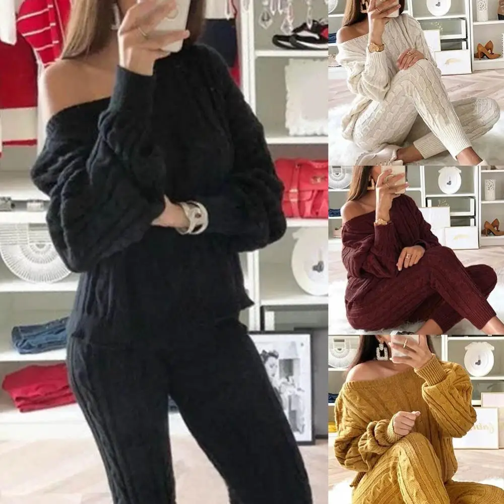 Women\'s Autumn And Winter Warm Solid Color 2 Piece Set One Shoulder Sweater Knitted Trousers Sweater Top Trousers Suit Clothing