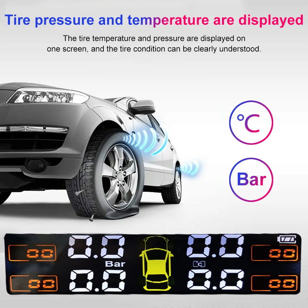 TPMS Solar Power Car Tire Pressure Monitoring System Auto Security Alarm Tyre Pressure Sensors 4 Wheel External Internal Sensor