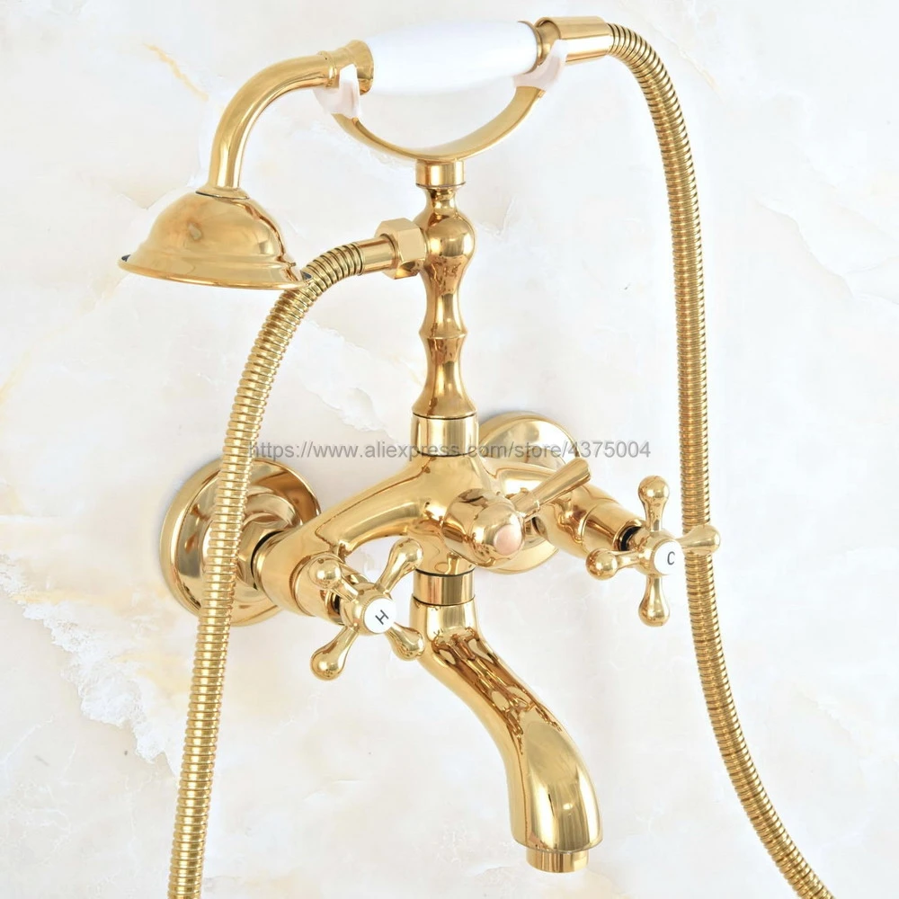 

Luxury Bathtub Faucets Gold Brass Bathroom Faucet Mixer Tap Wall Mounted Hand Held Shower Head Kit Shower Faucet Sets Nna809