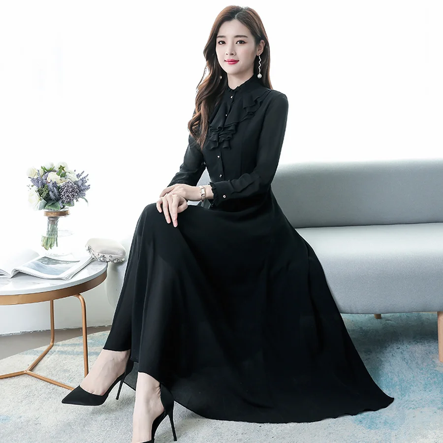 2024 Vintage Solid Chiffon Lady Maxi Dress Autumn Winter Long Sleeve Chic Evening Dress Elegant Women Bodycon Prom Party Vestido