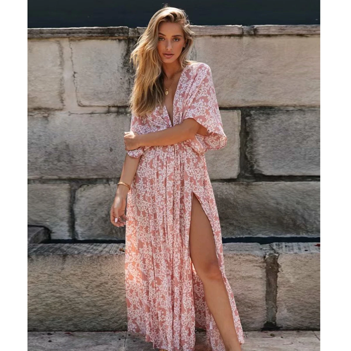 Boho 2022 Summer Floral Printed Split Sexy Maxi Dress Deep V Neck Short Sleeve Vintage Vestidos Casual Clothes Women Dresses