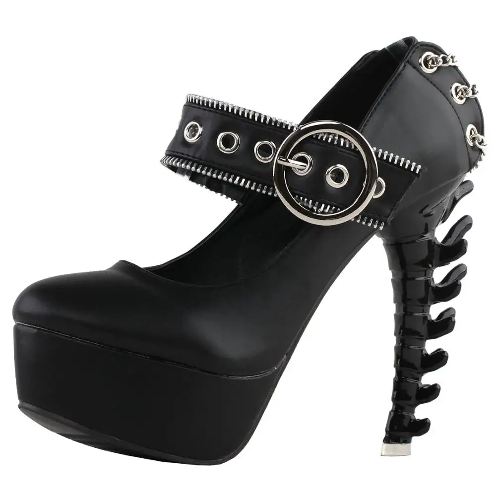 LF80715 SHOW STORY Retro Black Buckle Metal Chain Zip Mary-Jane Gladiator Platform Bone Heels Pumps