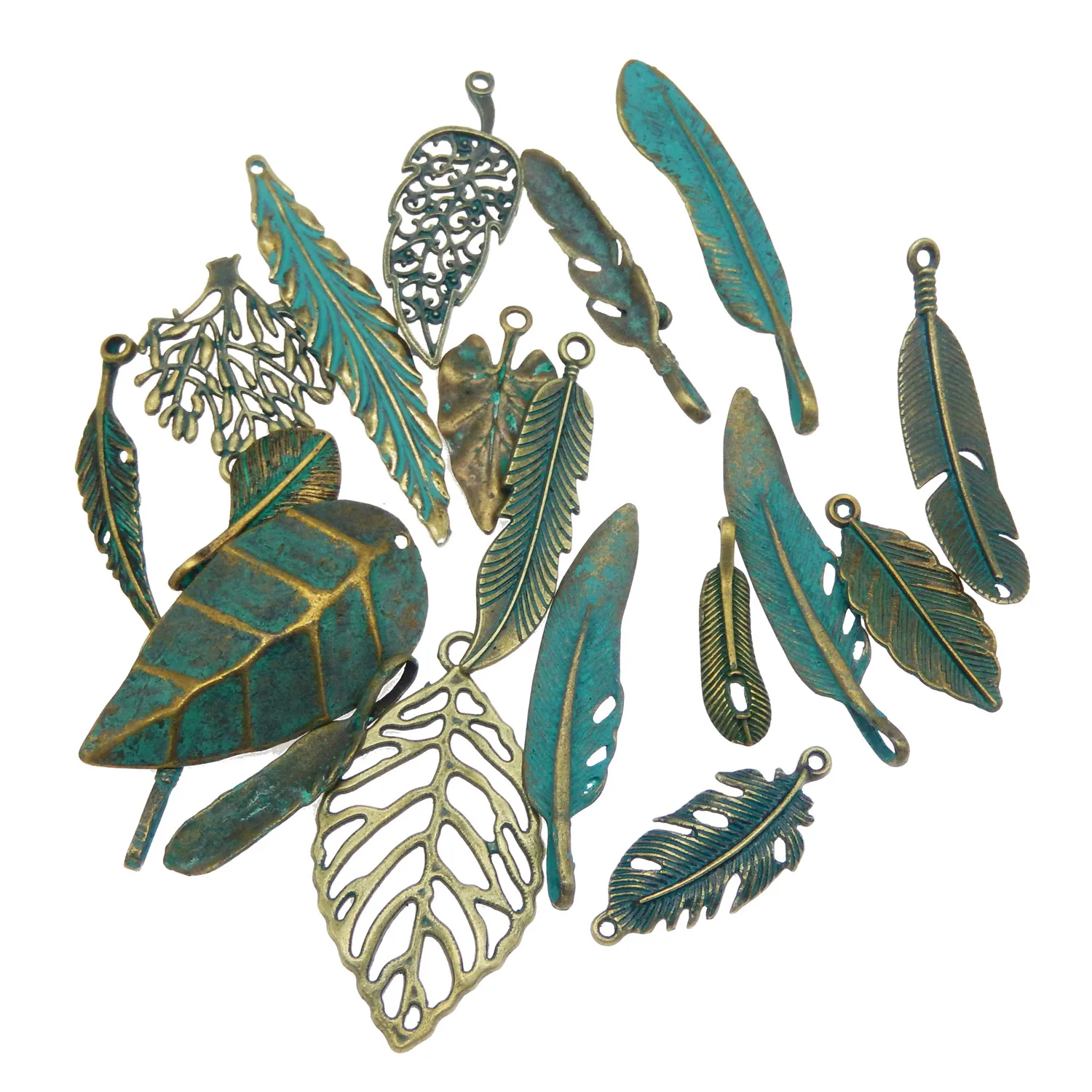 GraceAngie 14pcs Antique Bronze Charms Simulated Green Leaves Pendants Suspension Bracelets Necklace Accessory Mixed Shape