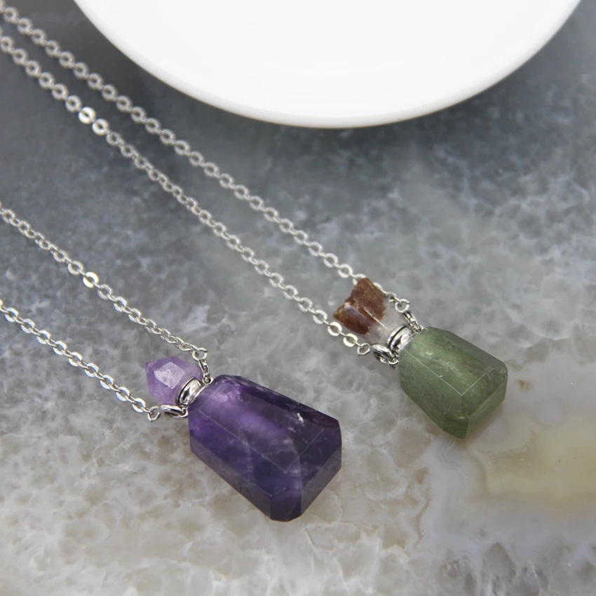 Natural Stones Faceted Essential Oil Diffuser Vial Necklace,Quartz Crystal Perfume Bottle Pendant DIY Jewelry For Women Gifts