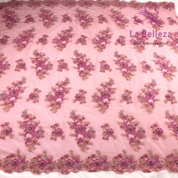 New fashion pink mixed heavy beads handmade on mesh wedding dress/stage dress lace fabric 1yard