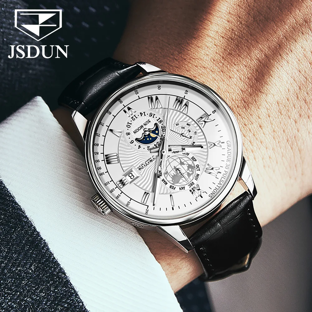 JSDUN Luxury Business Men\'s Watches Automatic Mechanical Wrist Watch for Men Leather Strap moon phase часы мужские наручные 8909