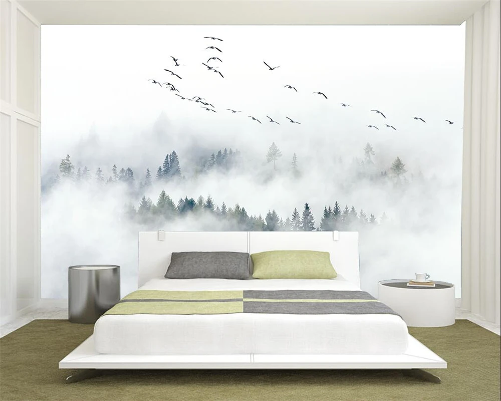 Custom size wallpaper Bird Pine Forest mountain background wall painter House decorated Misty forest mural photos 3d wallpaper