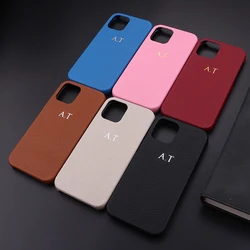Custom Personalization Name Initial Genuine Leather Phone Case Luxury Cover iPhone16 15 14 13 12 11Pro Max Mini 16 15Plus XS