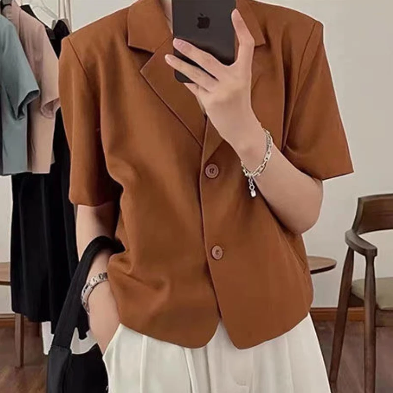 Blazers Women Leisure Elegant Solid Short Sleeve Chic Ins Korean Fashion Female Tops Office Wear Single Breasted Notched Trendy