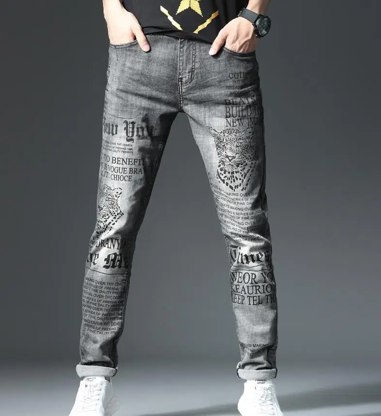 

Leopard Mens Newspaper Print Skinny Jeans Vintage Black Stretch Cotton Denim Pants Trousers