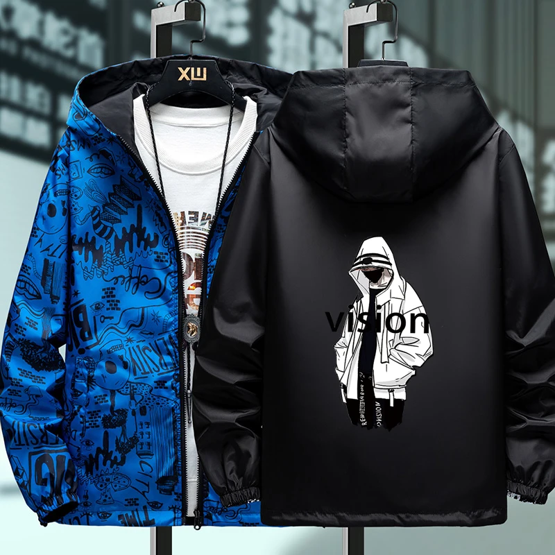 NEW Strewear Graffiti Printed Fashion Reversible Male god Jacket Men Thin Hooded Jackets Windbreakers Clothing Plus Size