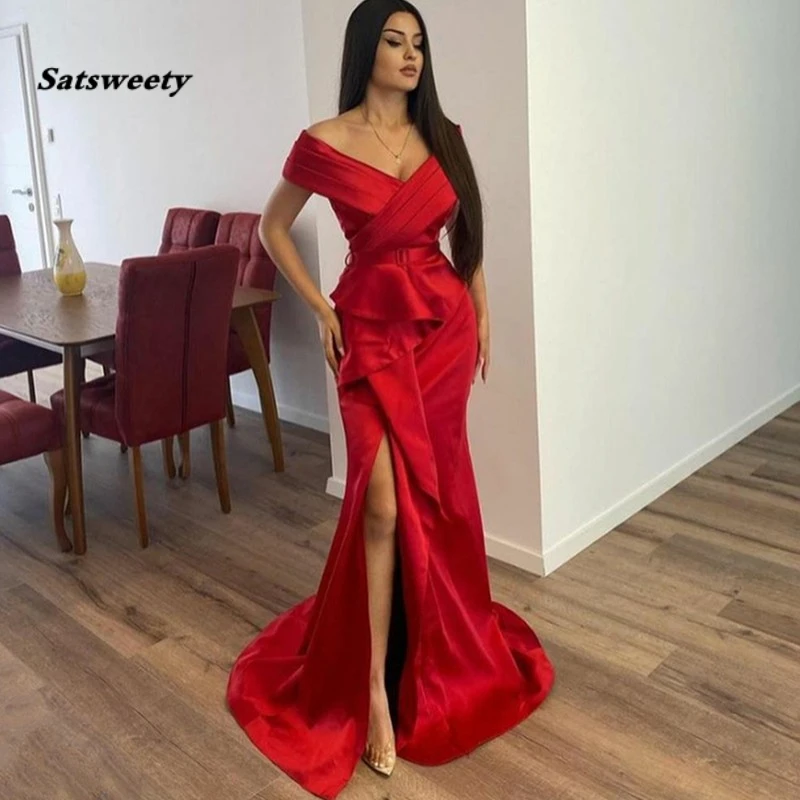 

Sexy Red V-Neck Mermaid Evening Dress Off The Shoulder Side Split Sashes Satin Formal Prom Gowns For Women Robes De Soirée