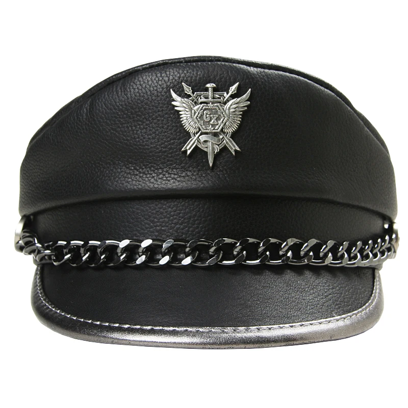 Novelty Winter Men‘s Genuine Leather Hat Male Flat Top Badge Locomotive Retro Military Caps Students Punk Cortical Chain Gorra