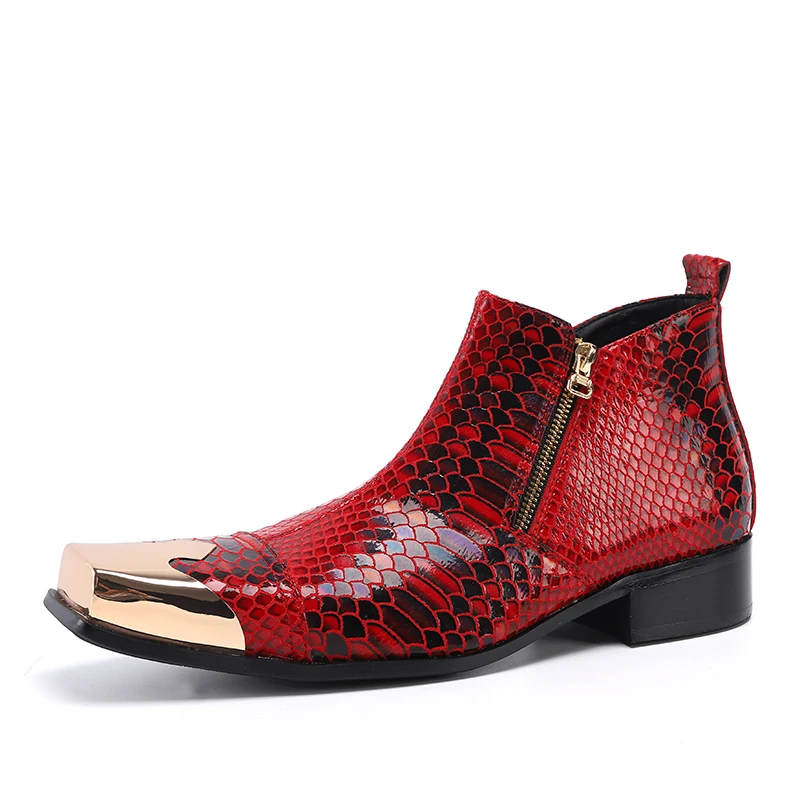 Winter British Genuine leather Ankle Boots For Men Red Snake Skin Square Toe Metal Military Boots Motorcycle Dress Party Man