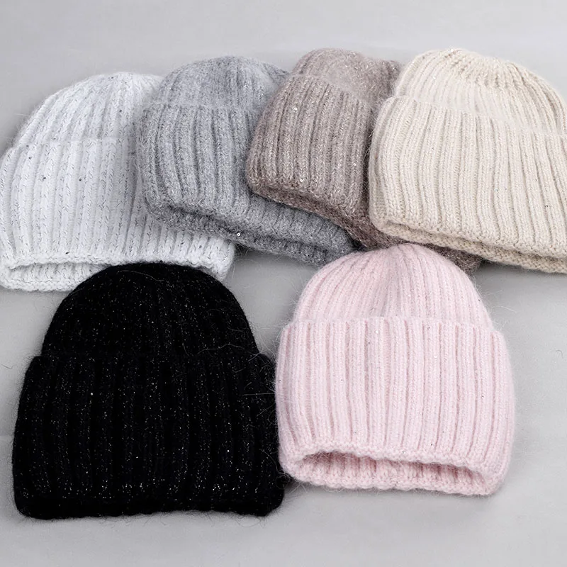 2021 NEW fashion rabbit fur lurex woman winter hat solid color with Sequins beanies best matched Warm soft bonnet skullies Gift